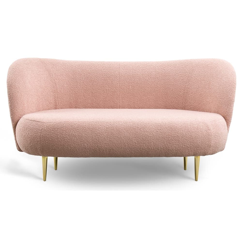 A modern sofa with a rounded back and seat, upholstered in a textured boucle fabric. It is supported by four slender, angled metal legs. — 3D model