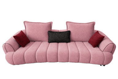 A modern, curved, pink upholstered sofa, featuring distinctive channel tufting on the seat and back. It includes three loose back cushions and is accessorized with two dark red and one black textured throw pillows. The sofa has a low profile with integrated armrests that curve gently upwards, outlined with dark piping. — 3D model