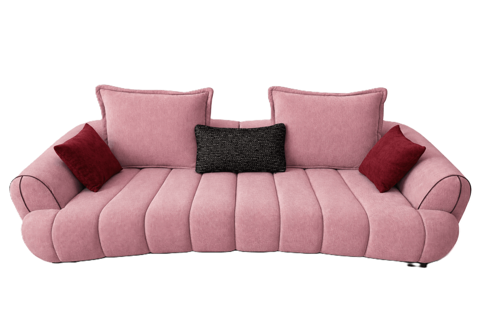 A modern, curved, pink upholstered sofa, featuring distinctive channel tufting on the seat and back. It includes three loose back cushions and is accessorized with two dark red and one black textured throw pillows. The sofa has a low profile with integrated armrests that curve gently upwards, outlined with dark piping. — 3D model