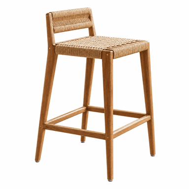 A modern bar stool featuring a light-toned wooden frame, a woven natural fiber seat, and a complementary low woven backrest. The stool has four tapered legs connected by integrated footrests. — 3D model