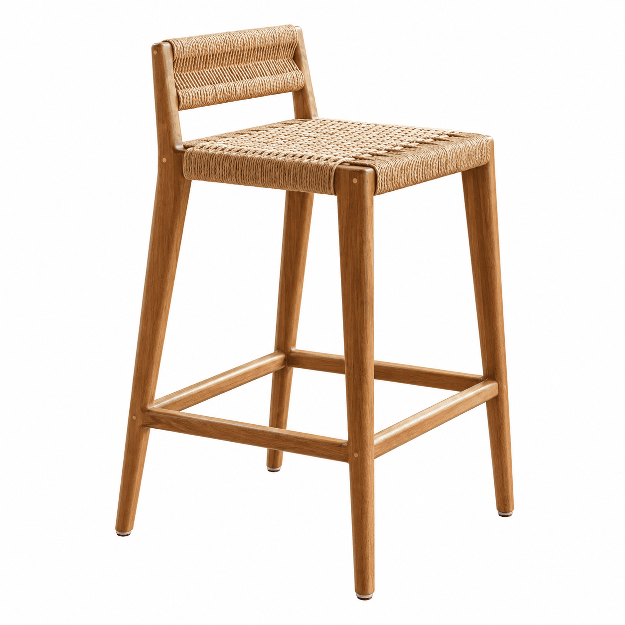 A modern bar stool featuring a light-toned wooden frame, a woven natural fiber seat, and a complementary low woven backrest. The stool has four tapered legs connected by integrated footrests. — 3D model