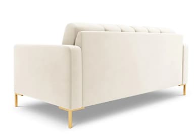 A contemporary two-seater loveseat upholstered in ivory-colored velvet fabric, featuring deep square tufting on both the backrest and seat cushions. It has straight track arms and is accompanied by two matching cylindrical bolster pillows. The loveseat is supported by slender, rectangular legs with a polished gold finish, creating a modern and elegant aesthetic. — 3D model