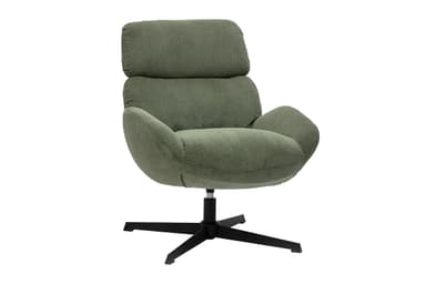 A modern armchair upholstered in green corduroy fabric. It features a high backrest that is divided into two sections, with the upper section slightly wider than the lower. The seat curves around to form integrated armrests. The chair is mounted on a black, five-star pedestal base with a central column, suggesting it may swivel. — 3D model