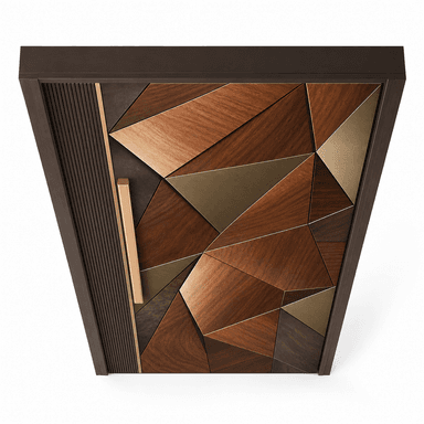 A sophisticated entry door featuring an intricate geometric pattern crafted from various shades of wood veneer and metallic brass-toned inlays. It includes a vertical fluted side panel and a long, rectangular brass bar handle, all set within a dark, solid frame. — 3D model