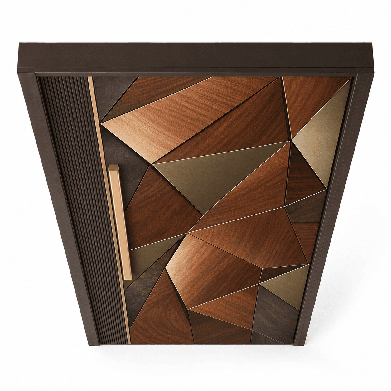A sophisticated entry door featuring an intricate geometric pattern crafted from various shades of wood veneer and metallic brass-toned inlays. It includes a vertical fluted side panel and a long, rectangular brass bar handle, all set within a dark, solid frame. — 3D model