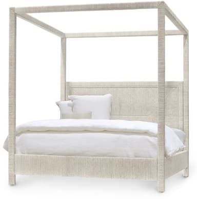 A modern canopy bed featuring a robust four-poster frame, fully upholstered in a light, textured fabric. The headboard exhibits a subtle geometric stitched pattern, adding visual interest. The bed is designed to accommodate a mattress and box spring or platform, and it is presented with white bedding. — 3D model