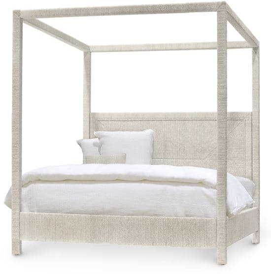 A modern canopy bed featuring a robust four-poster frame, fully upholstered in a light, textured fabric. The headboard exhibits a subtle geometric stitched pattern, adding visual interest. The bed is designed to accommodate a mattress and box spring or platform, and it is presented with white bedding. — 3D model