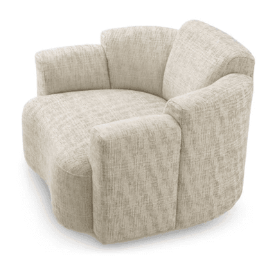 An upholstered armchair with a rounded, plush design and a visible swivel base, covered in a light, textured fabric. — 3D model