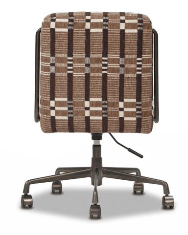An armless swivel office chair featuring a brown, beige, and white plaid-patterned fabric upholstery. The chair is supported by a five-star base with casters and a pneumatic lift for height adjustment, all constructed from a dark bronze or gunmetal finished metal. The backrest and seat are generously padded. — 3D model