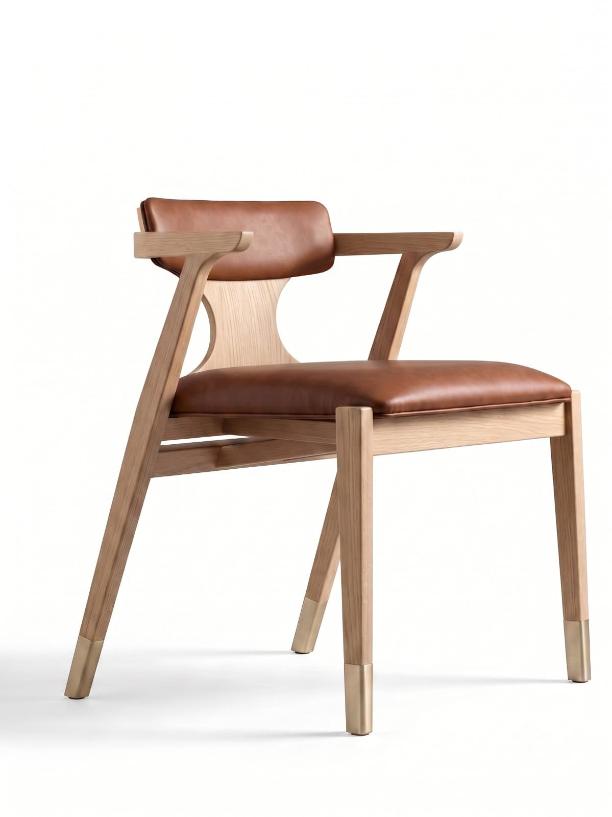A modern dining armchair featuring a light oak wooden frame, brown leather upholstery, and brass accents on the legs. The chair has a curved backrest and integrated armrests. — 3D model