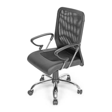 A modern swivel office chair featuring a black mesh backrest, a padded black faux leather seat, fixed loop armrests with chrome accents, and a polished chrome five-star base with casters for mobility. — 3D model