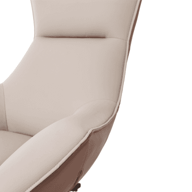 A modern armchair with a high back and curved design. The armchair features a swivel base and is upholstered in two different materials and colors. The seat and backrest are a light cream color, while the lower exterior shell is a contrasting brown. — 3D model