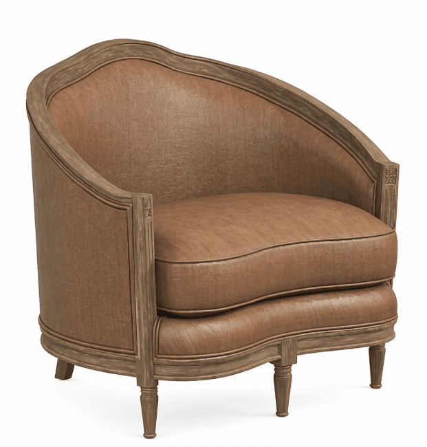 A barrel-shaped armchair with a curved back and seat, upholstered in brown leather. The frame is made of distressed wood with carved details on the arms and legs. The armchair has four tapered legs. — 3D model