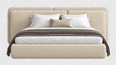 A modern platform bed featuring a fully upholstered frame and a distinctive, integrated headboard. The headboard consists of two thick, rounded, padded panels that extend beyond the width of the mattress. The entire bed, including the frame and headboard, is upholstered in a light beige or cream-colored fabric, conveying a soft and inviting aesthetic. The bed is styled with white bedding, a textured brown throw blanket, and an assortment of pillows. — 3D model