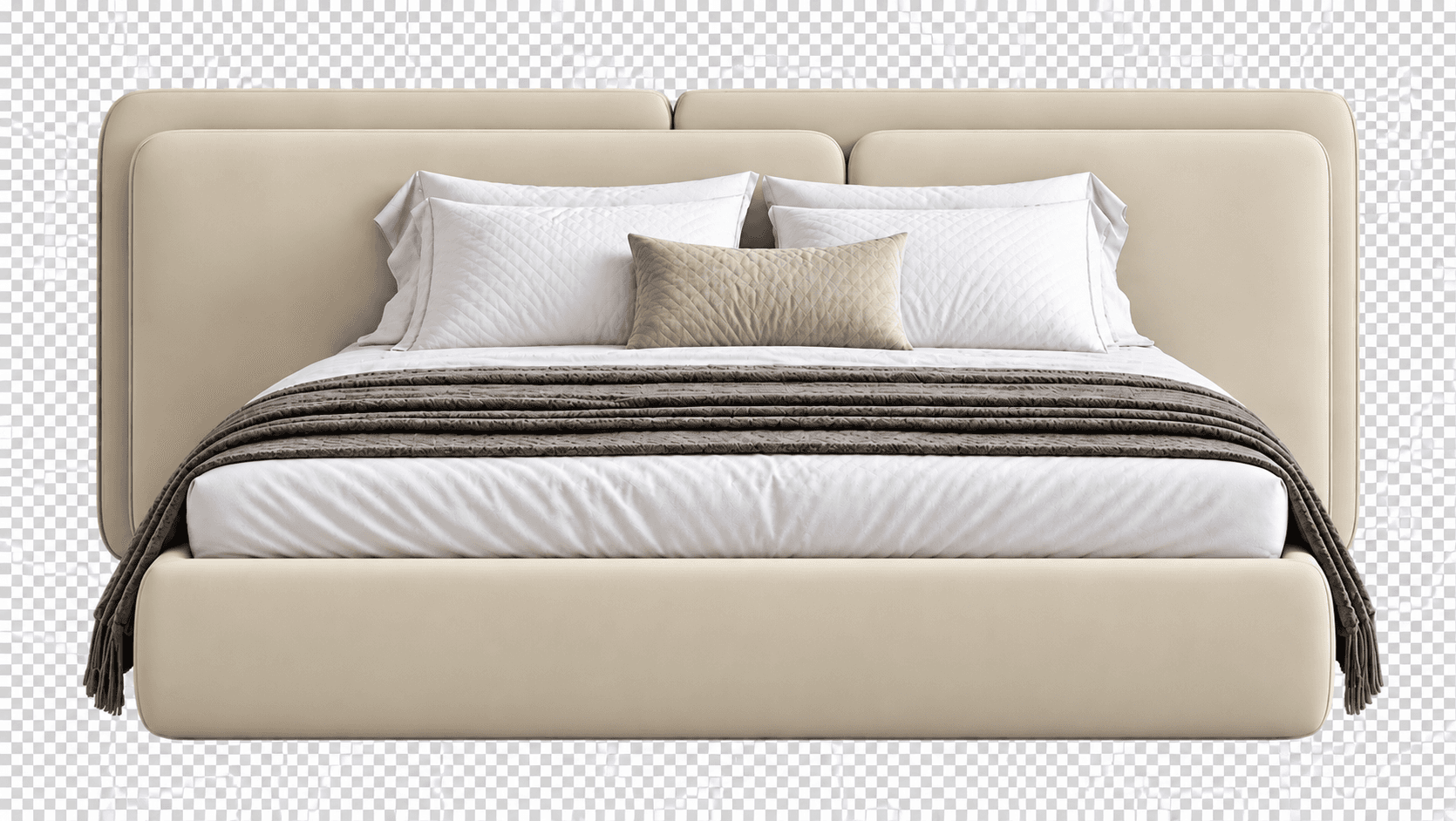 A modern platform bed featuring a fully upholstered frame and a distinctive, integrated headboard. The headboard consists of two thick, rounded, padded panels that extend beyond the width of the mattress. The entire bed, including the frame and headboard, is upholstered in a light beige or cream-colored fabric, conveying a soft and inviting aesthetic. The bed is styled with white bedding, a textured brown throw blanket, and an assortment of pillows. — 3D model