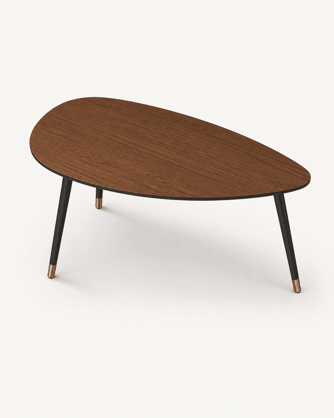 A coffee table featuring an irregular, organic-shaped dark wood veneer top, supported by three tapered black metal legs with brass foot caps. — 3D model