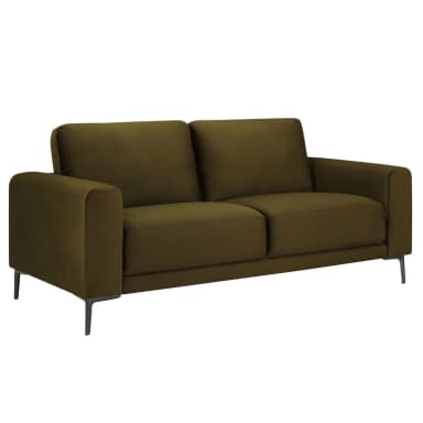 A modern three-seater sofa upholstered in a rich, dark olive green velvet or velour fabric. It features a clean-lined silhouette with straight track arms and a low back. The backrest is composed of two plush, loose cushions, while the base and armrests form a unified, structured frame. The sofa is supported by four slender, angled black metal legs, providing a subtle lift and enhancing its contemporary aesthetic. The overall design emphasizes minimalist elegance and comfort. — 3D model