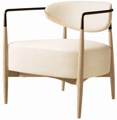 A contemporary armchair featuring a light-colored fabric upholstery for its seat and backrest, supported by a frame combining natural wood legs and slender black metal armrests. The design emphasizes clean lines and a minimalist aesthetic. — 3D model