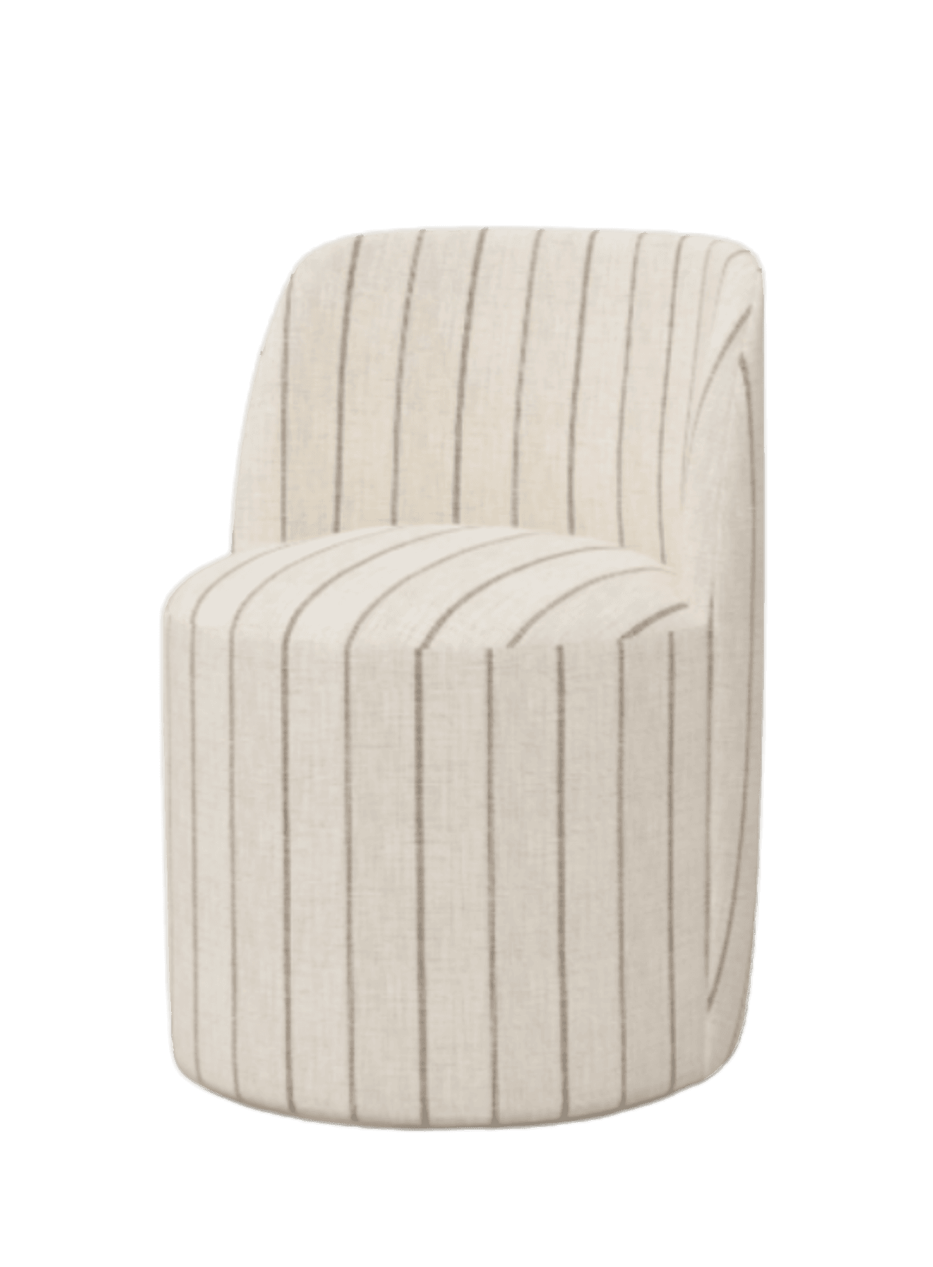 An accent chair with a rounded back and a cylindrical base. The upholstery features a vertical pinstripe pattern. It lacks visible legs, suggesting a low profile or integrated base. — 3D model