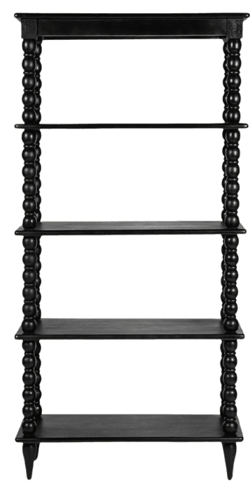 A tall, open bookcase with four shelves. The vertical supports are decorated with a series of spherical wooden beads, and the piece has a dark, matte finish. The top has a thick horizontal beam, and the legs are slightly tapered. — 3D model