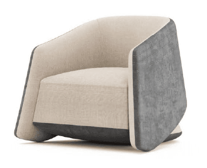 A contemporary upholstered armchair featuring a two-tone design with a cream-colored main body and contrasting dark grey outer armrests and base. — 3D model