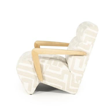 A modern armchair with a patterned fabric upholstery and wooden armrests. The armchair features a sculpted silhouette with a high back and wide seat. The armrests are curved and made of light-colored wood, providing a contrast to the patterned upholstery. The upholstery has a geometric pattern in a light beige and off-white color scheme. — 3D model