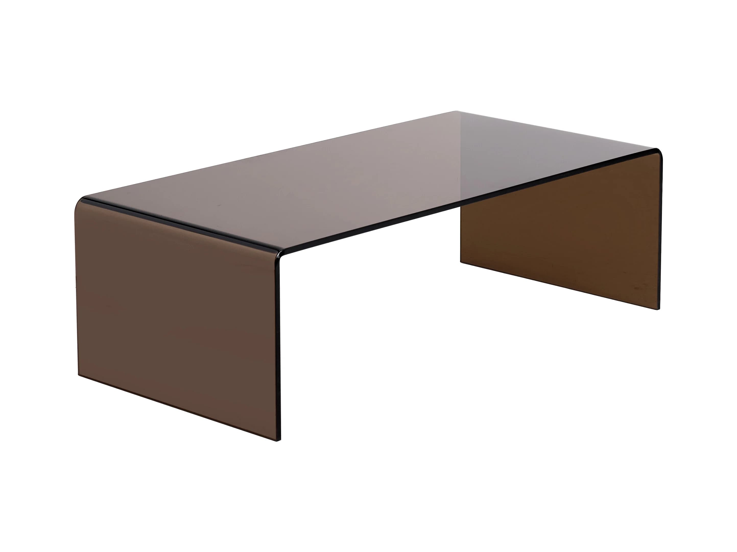A modern coffee table with a minimalist design. It features a single piece of smoked, tinted glass or acrylic that is bent to form a continuous, waterfall-like structure, creating both the tabletop and the supporting legs. The shape is rectangular with gently rounded corners on the tabletop and the edges of the legs. — 3D model