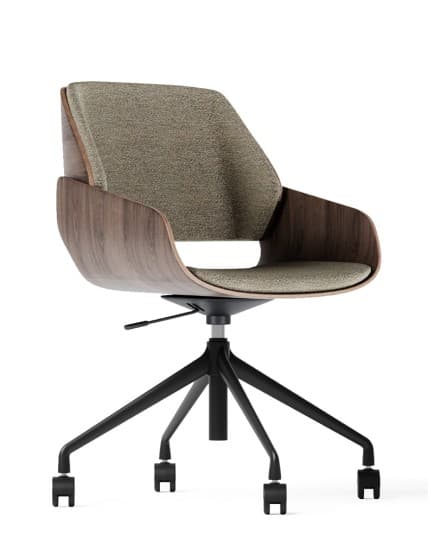 A modern office chair with a curved, molded shell featuring a wood veneer exterior and upholstered seat and backrest. It has a five-star base with casters and a gas lift mechanism for height adjustment. — 3D model
