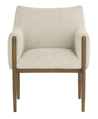 An upholstered armchair featuring a light-colored, textured fabric and a slender, gold-toned metal frame with straight legs. — 3D model
