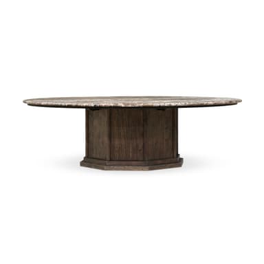 A round table featuring a natural marble tabletop with distinct veining patterns, supported by a substantial dark brown wood pedestal base with vertical paneling, resting on a faceted plinth. — 3D model