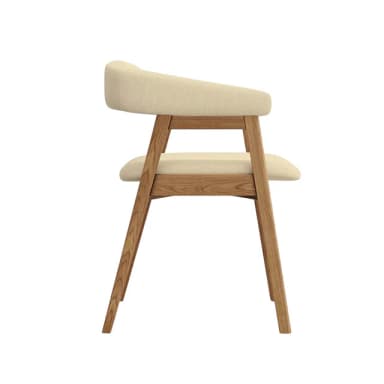 A modern armchair with a curved backrest and a seat upholstered in a light-colored textured fabric. The frame and legs are constructed from light-colored wood, exhibiting a natural grain pattern. The armrests are integrated into the curved backrest structure. — 3D model