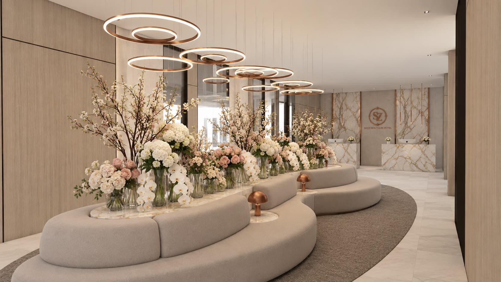 A large, modular, curved banquette sofa upholstered in a light beige textured fabric, featuring a multi-tiered design. The lower tier forms the main seating, while a higher, inner tier integrates a curved marble-topped surface used as a planter or display area, adorned with floral arrangements. The entire unit follows a sweeping, organic curve, designed for public or commercial spaces. — 3D model
