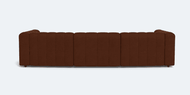 A three-seater sofa upholstered in a textured brown fabric. The sofa features a channel-tufted design on the back cushions and seat, creating vertical pleats across its surface. It has a low-profile frame with subtly rounded corners and short, dark legs. The overall aesthetic is modern and inviting. — 3D model