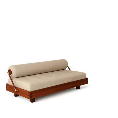 A modern daybed with a wooden frame and upholstered cushions. The frame appears to be made of rich-toned wood with visible joinery details. It features a flat, tufted seat cushion and a long, cylindrical bolster pillow at the back, held in place by wooden arms with brass fittings. The design suggests a minimalist yet elegant aesthetic. — 3D model