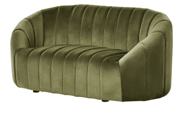 A compact, modern loveseat upholstered in olive green velvet, featuring distinctive vertical channel tufting on the backrest, seat, and integrated rolled arms. — 3D model
