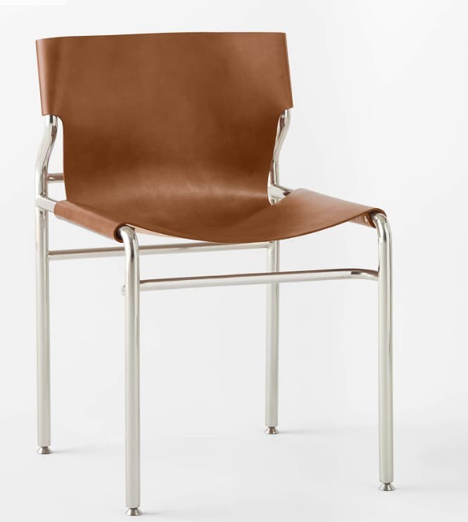 A modern side chair featuring a tubular polished steel frame and a single piece of rich brown leather forming both the seat and backrest in a sling design. The leather is secured to the frame with visible rivets or fasteners. — 3D model
