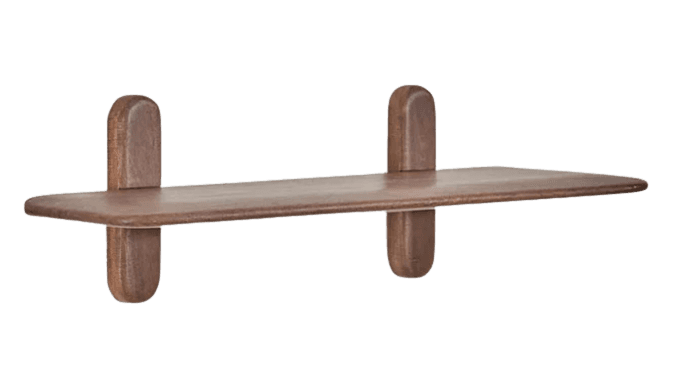 A small, wall-mounted wooden shelf with a minimalist design. It features a flat, rectangular shelf surface supported by two vertical, rounded-end elements on each side, which are integrated into the shelf itself. The shelf appears to be made of a single piece of wood or joined seamlessly. — 3D model