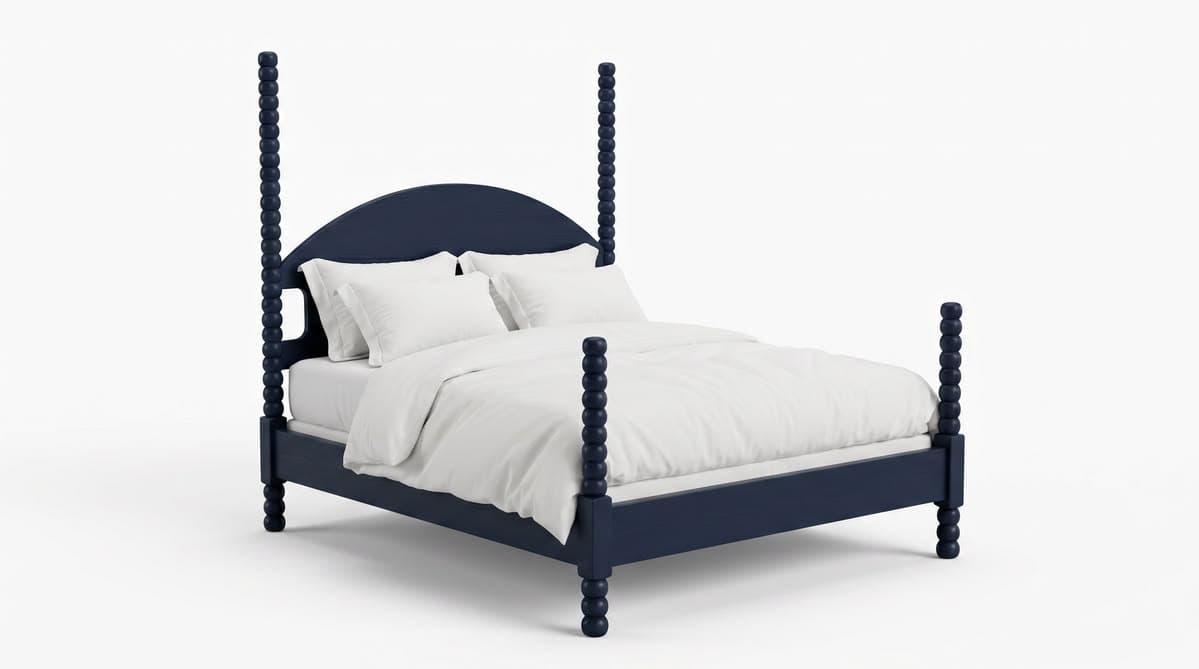 A navy blue four-poster bed with a curved headboard and turned posts topped with finials. The bed is dressed with white bedding, including two pillows and a duvet. — 3D model