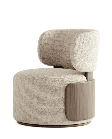 A contemporary armless accent chair featuring a rounded, upholstered seat and a separate, upholstered backrest. The chair is covered in a light beige, textured fabric and features dark wood or composite structural elements on its sides and base, suggesting a swivel mechanism. — 3D model