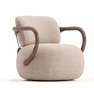 A contemporary lounge chair featuring a plush, rounded, upholstered seat and backrest, supported by an exposed wooden armrest frame and a unique metal rod and strap suspension system for the backrest. The design emphasizes organic forms and a sophisticated interplay of materials. — 3D model