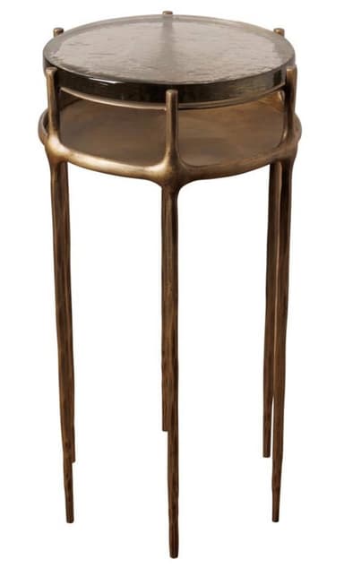 A tall, two-tiered circular side table featuring a distinctive organic bronze frame and dark grey-green glass tabletops. The frame supports both the upper and lower glass surfaces with a sculptural, almost branch-like structure, extending downwards to form four slender legs. — 3D model