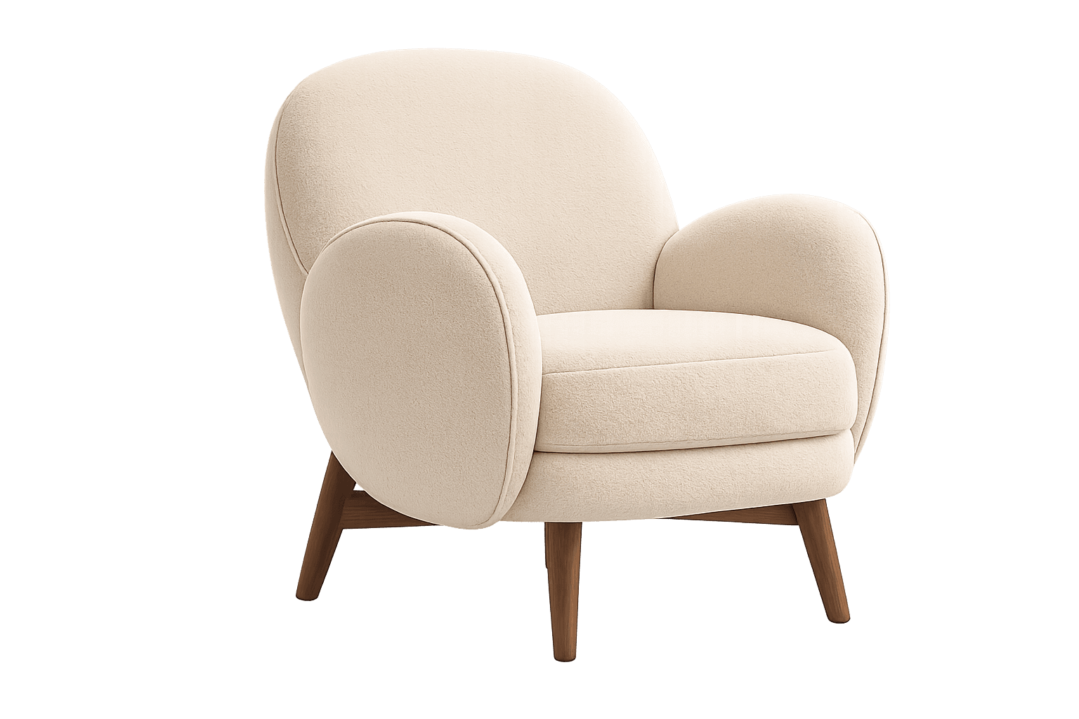 A modern upholstered lounge chair featuring soft, rounded contours and a plush appearance. It has a continuous backrest and armrest design, fully upholstered in a light-colored, textured fabric, resting on four splayed, tapered wooden legs. — 3D model