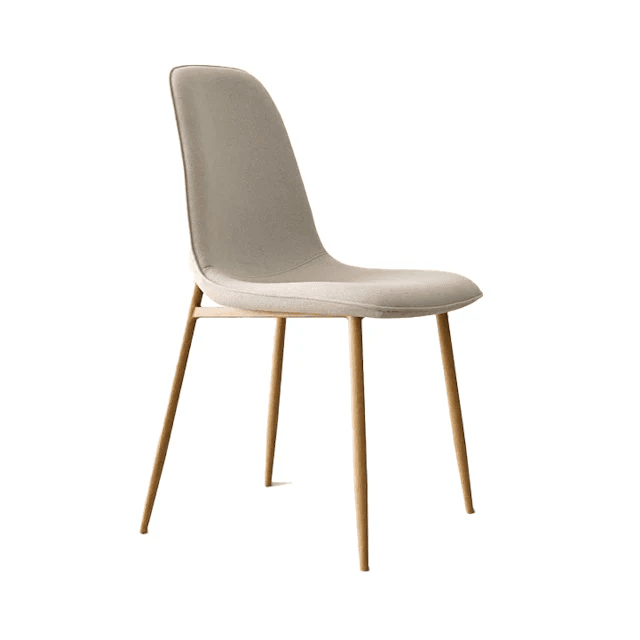 A modern dining chair featuring a molded, upholstered seat and backrest supported by four slender, tapered wooden legs. The upholstery is a light beige fabric with a subtle texture, and a thin dark trim outlines the edges of the seat and back. The legs are light brown and angled outwards for stability. — 3D model
