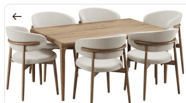 A modern chair featuring a continuous, curved upholstered backrest that seamlessly transitions into integrated armrests, an upholstered circular seat, and four slender, tapered wooden legs. — 3D model