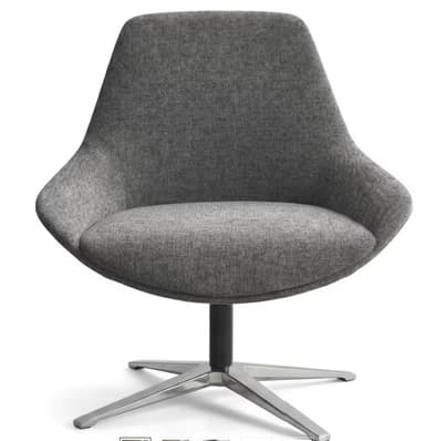 A modern upholstered swivel lounge chair with a gray fabric finish and a polished metal four-star base. — 3D model
