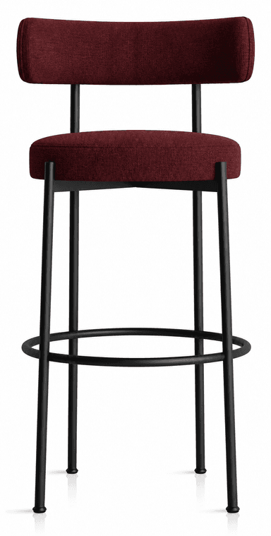 A contemporary bar stool featuring a black tubular metal frame, a circular upholstered seat, and a low, curved upholstered backrest. The upholstery is a rich, textured dark red fabric. — 3D model