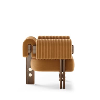 A contemporary armchair featuring a robust, dark-stained wooden frame with a unique geometric design. The seat cushion is upholstered in plush mustard-yellow velvet, and the backrest is a distinctive fluted velvet cylinder. U-shaped upholstered armrests are mounted on the wooden frame, and the vertical wooden legs are accented with brass circular inlays. — 3D model
