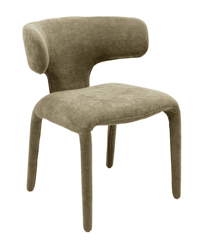 A fully upholstered contemporary chair featuring a subtly curved backrest that seamlessly transitions into integrated armrests. The chair is covered in a textured light brown or greige fabric, extending down to cover its four tapered legs, creating a monolithic and cohesive appearance. The seat is padded, and the overall design suggests a modern aesthetic suitable for various interior settings. — 3D model