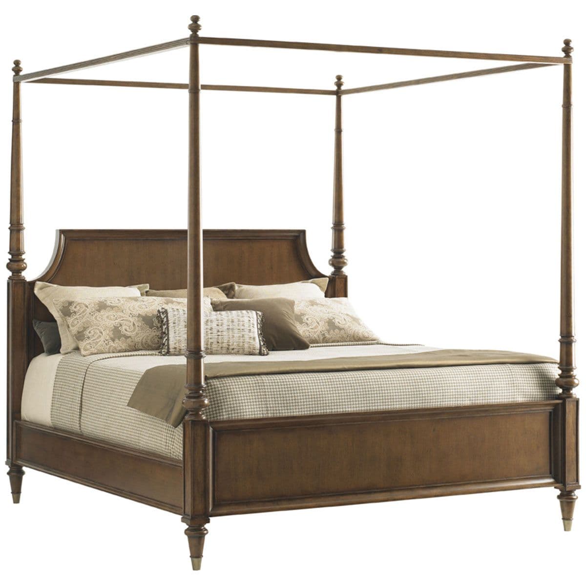 A traditional wooden four-poster bed with a medium brown finish. It features turned posts, an arched headboard, and molded side rails, giving it a classic and elegant appearance. The bed is shown with bedding and pillows, but no fabric canopy is installed. — 3D model