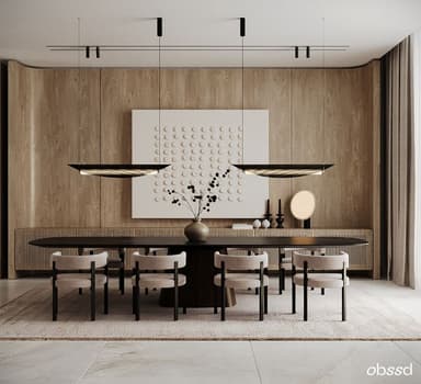A modern dining set featuring an oval-shaped dining table with a dark top, likely stone or dark wood, paired with eight contemporary dining chairs. The chairs feature light-colored upholstered bucket seats and backrests, supported by slender black metal frames that form integrated armrests and legs. The overall aesthetic is minimalist and sophisticated. — 3D model